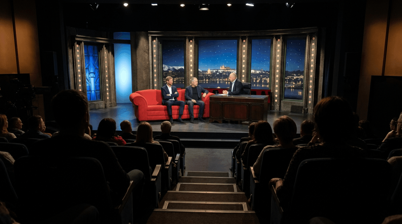 Pohled z hlediště na připravené studio s rozhovorem na scéně