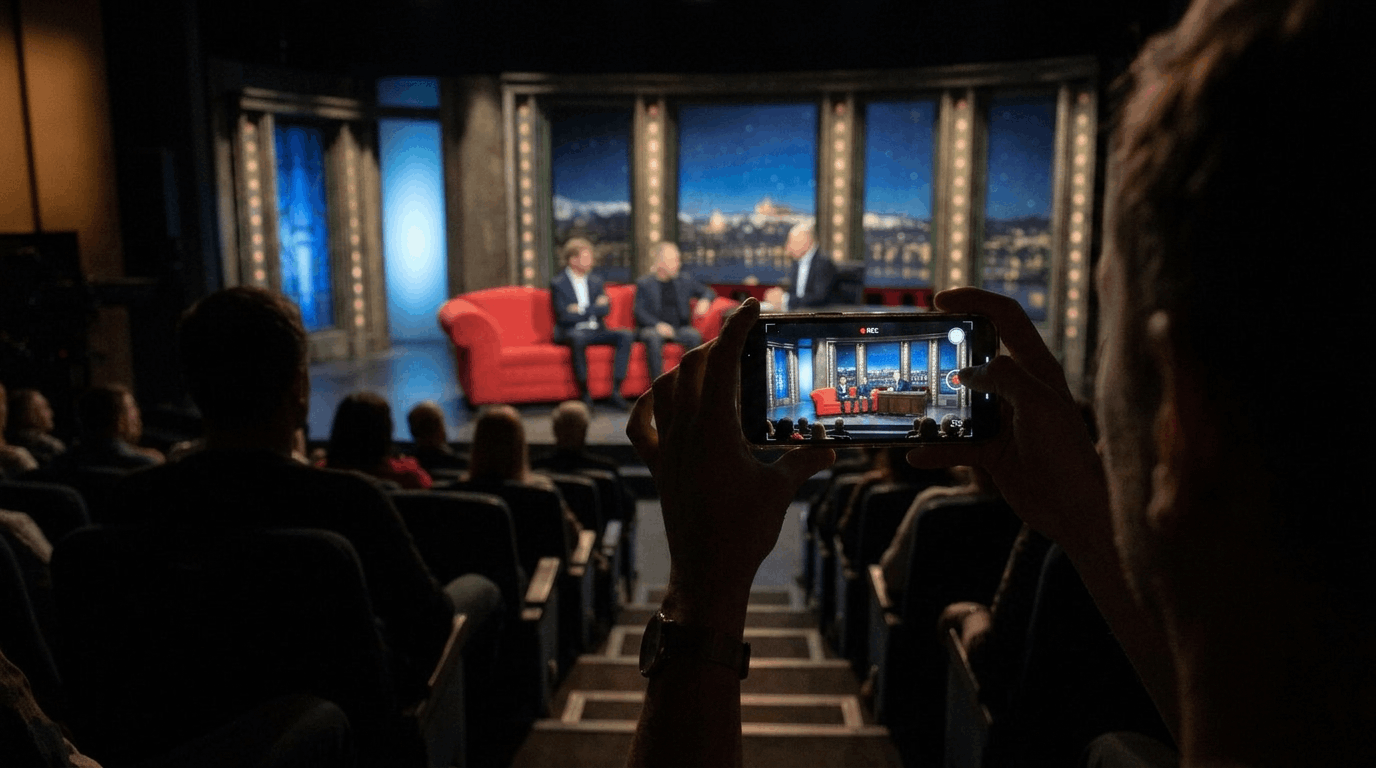 Návštěvník v hledišti zaznamenává pohled na připravenou studiovou scénu